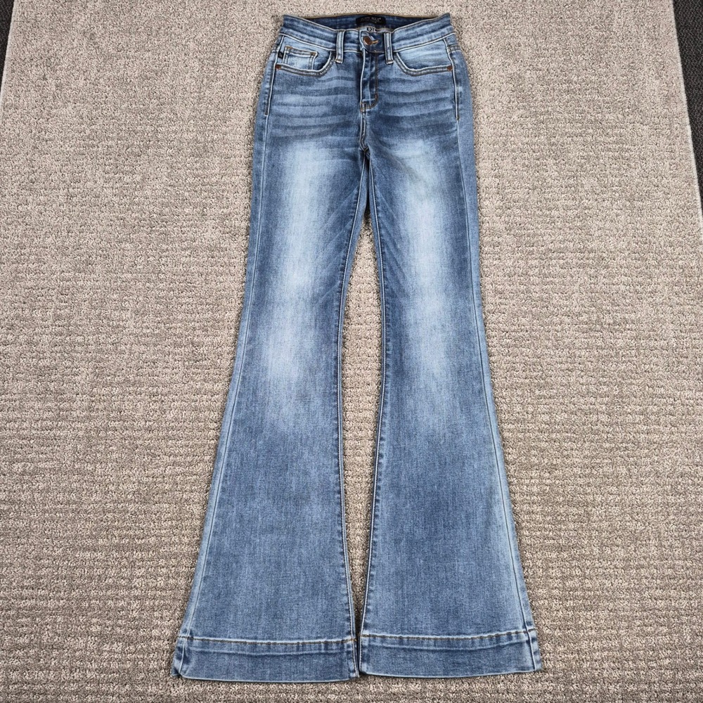 Judy Blue Trouser Flare Jeans Womens 0/24 Blue Faded Stretch Denim High Rise